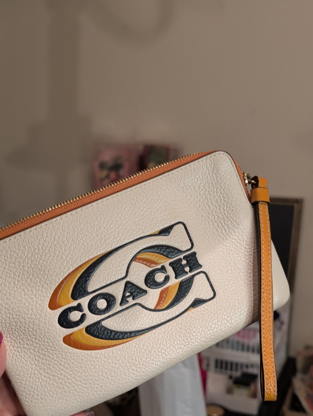 Coach White Leather Wristlet with Black and Tan Logo Accents